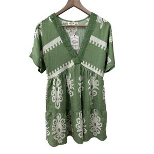 Very J Mini Dress Small Sage Green Floral Crochet Lace Boho Babydoll Tiered NEW